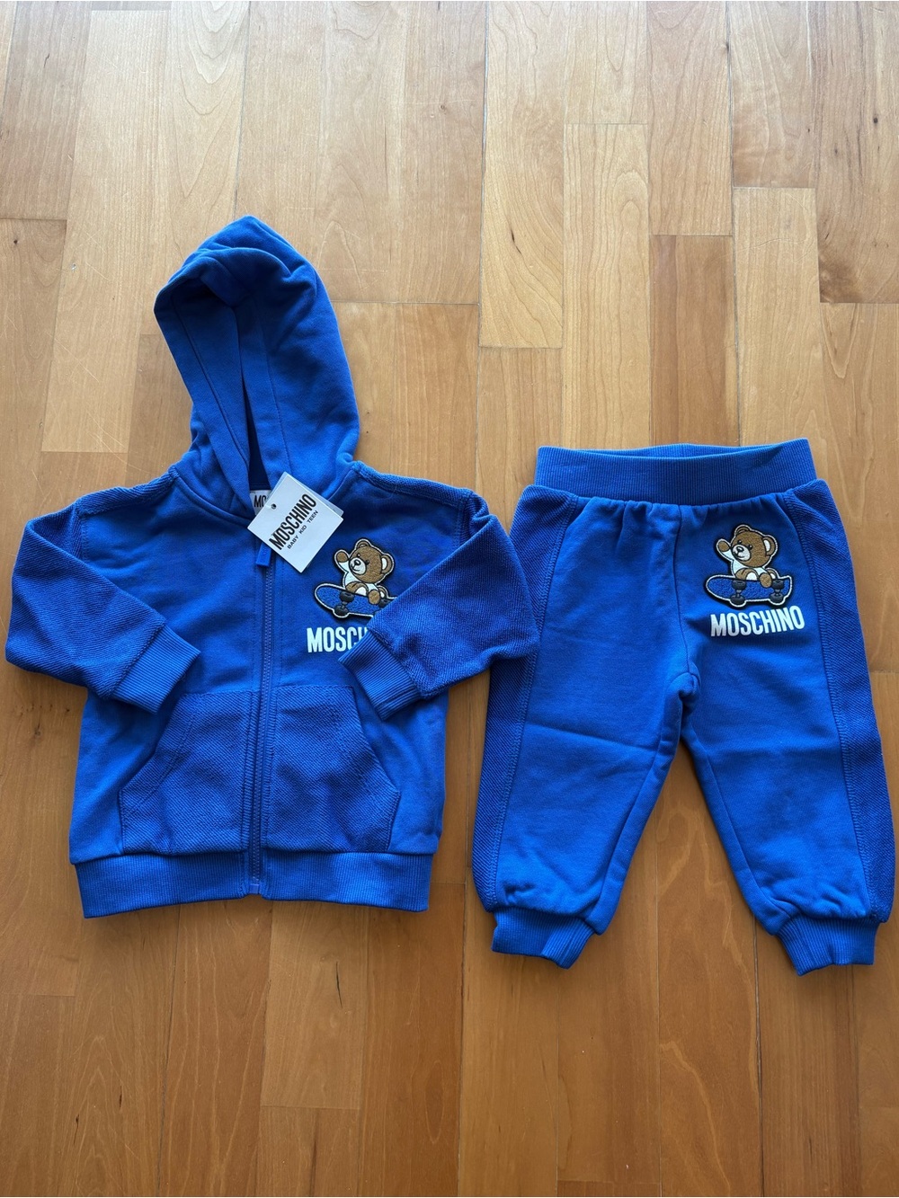 MOSCHINO Baby Boy Blue Teddy Bear Skateboard Sweatshirt Jogger Set 2PC NWT